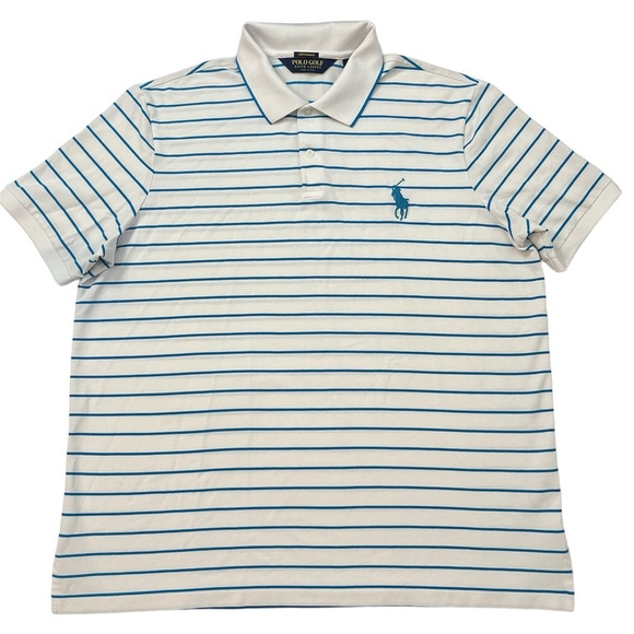 POLO GOLF Performance Stripe Knit Big Pony XXL Collared Shirt, White/Blue - Picture 1 of 12